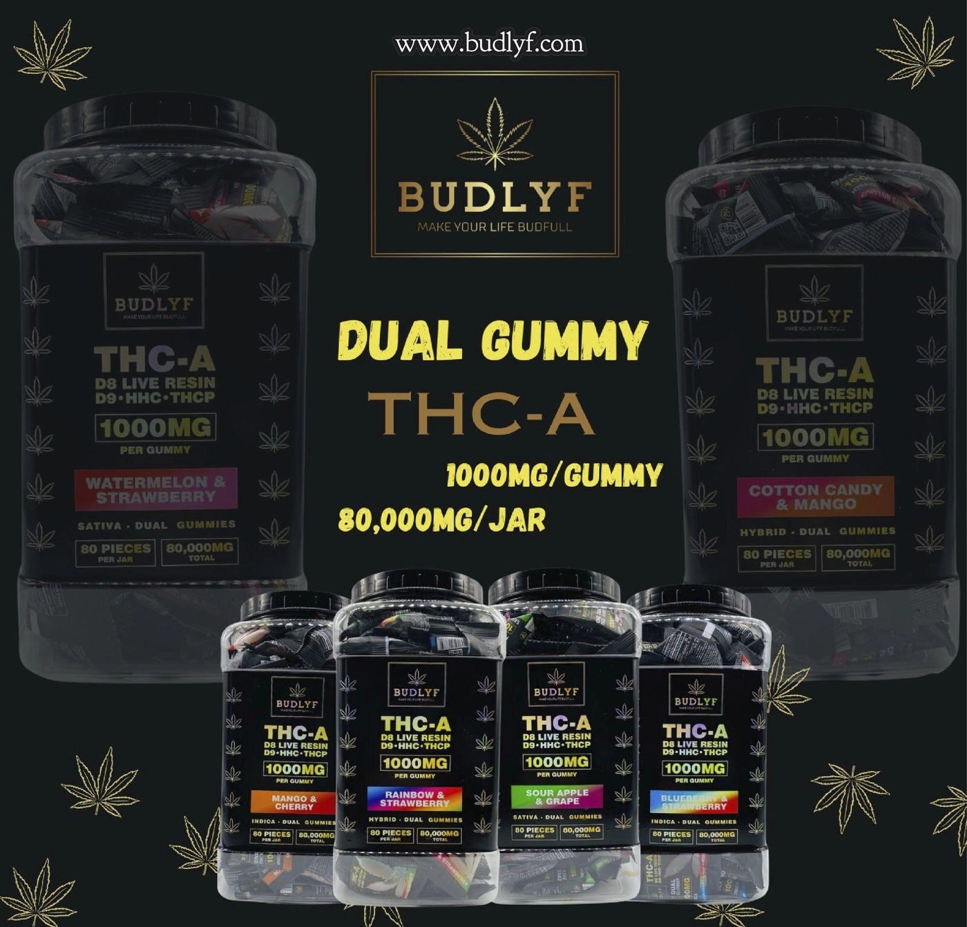 BUDLYF THC-A D8 LIVE RESIN D9+HHC+THCP DUAL GUMMY JAR | 80PCS